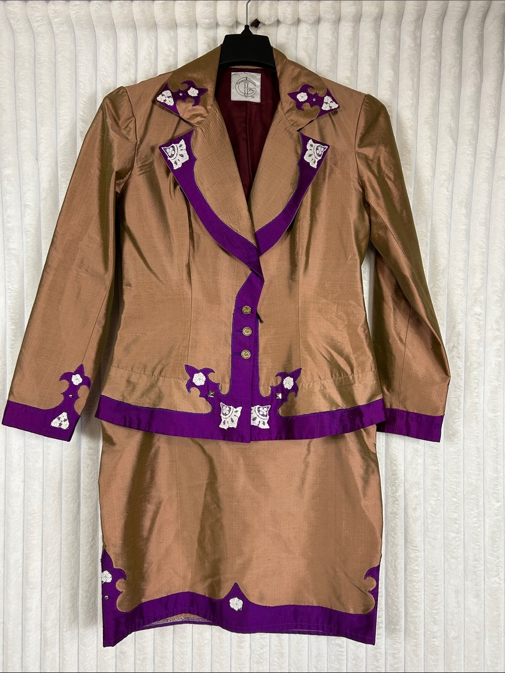 Y2K Shiny bronze and Purple Embellished 2 Piece mini Skirt Suit art to wear 4-6